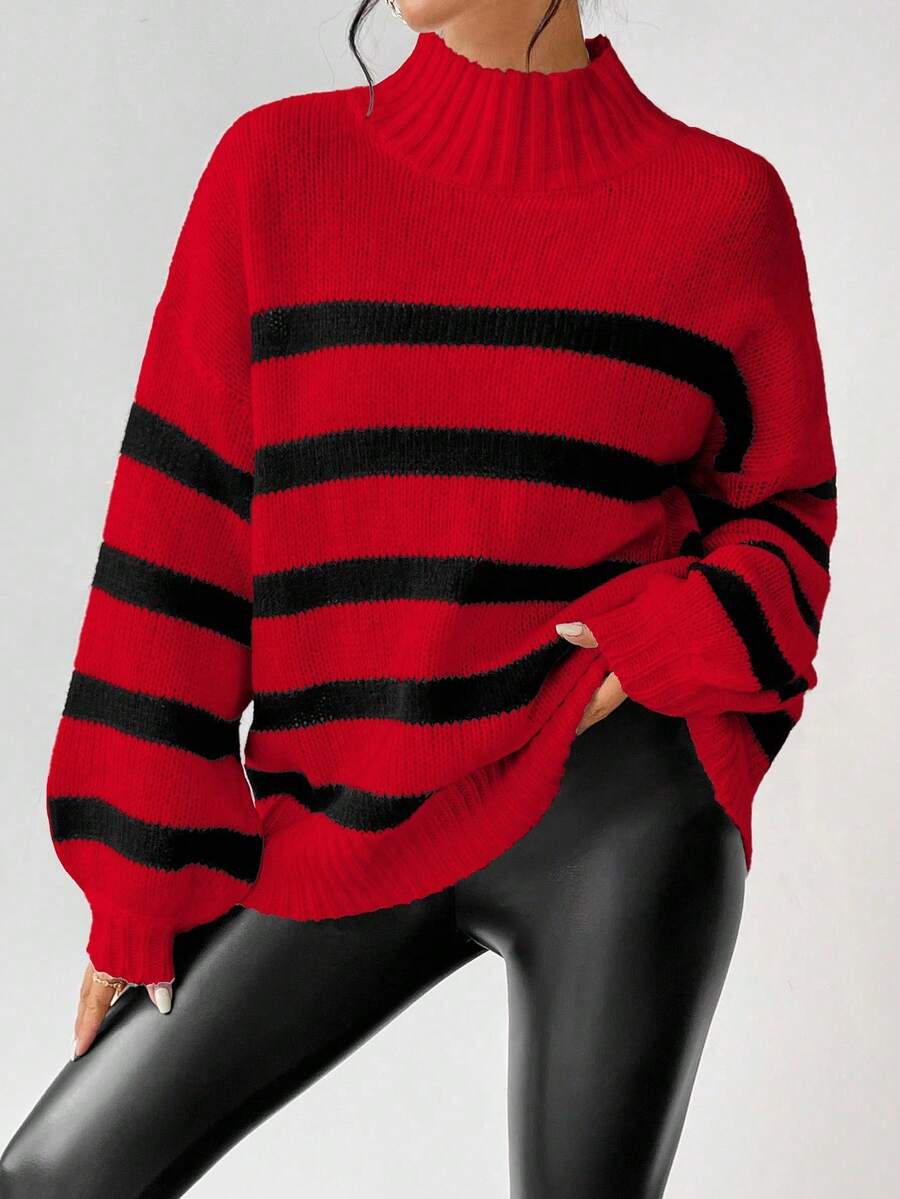 SHEIN LUNE Casual Colorblock Striped Stand Collar Sweater, Autumn/Winter Fall Cloth For Women - Red - View 1