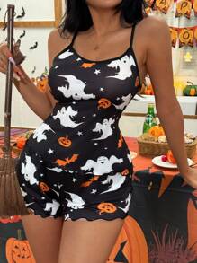 Miss Vinta Black Halloween Short Pajama Set With Ghost And Pumpkin Pattern For Women Halloween Pajama Set Halloween Pajamas Women Pajama Romper For Women Halloween Lounge Set - Black - View 6