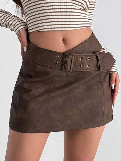 Aidyla 女式秋季复古硬币设计低腰 PU 皮革镂空短款紧身棕色派对俱乐部服装优雅铅笔裙