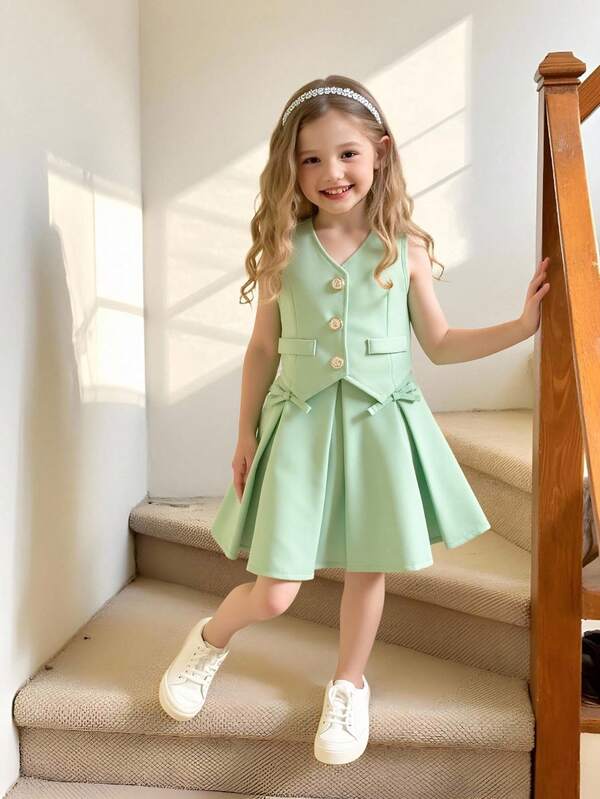 2 Piece Vintage Style Blazer Vest And Pleated Skirt Set For Young Girls, Elegant Office & Casual Outfit Design Tween Dress Blazer Set Mint Green Outfits For Kids Skirt Suit For Girls Uniform Dresses For Girl Cute School Clothes Uniform