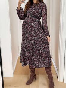 SHEIN Fall Clothes,Autumn Clothes,Maternity Autumn Clothes Maternity Maternity Floral Print Crew Neck Long Sleeve Dress Ditsy Floral Dress Fall Dresses For Women Long Sleeve Midi Dress Autumn Dress Wildflower Dress - Black - View 1