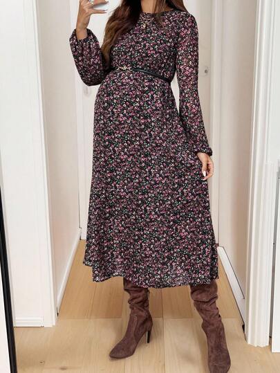 SHEIN Höstkläder, Höstkläder, Mammakläder Höstkläder Mammakläder Mammaklänning med blommönster Rundringad långärmad klänning Snygg blommig klänning Höstklänningar för kvinnor Långärmad midiklänning Höstklänning Klänning med vildblommor