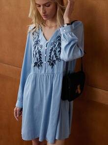 Écloséra 复古法式宽松刺绣V领长袖连衣裙，女款，春秋季 - 藍色 - 查看 3