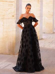 Glamrae Eleganter und wunderschöner schwarzer Organza-Jacquard-Herzausschnitt mit gerüschten, überschnittenen Ärmeln, durchsichtiger Taille und übergroßem Rock, geeignet für fröhliche Feiertagstreffen, Verabredungen, Junggesellinnenabschiede, formelles Abendkleid für Damen (schwerer Stil)