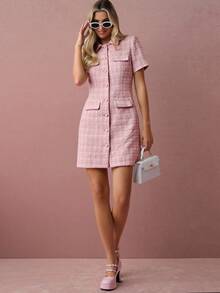 Enchnt Fall/Winter Romantic Women's Elegant Commuter Pink Tweed Button Front Short Sleeves Mini Dress ,Sweet&Elegant&Fashionable For Vacation&Date&Holiday&Birthday&Party&Graduation&Wedding Guest&Office&Going Out,Back To School,Fall Dress For Women,Autumn Clothes - Pink - View 1
