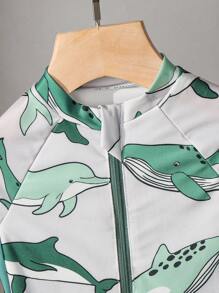 SHEIN 2 件套男童可爱卡通图案拼色长袖防晒衣和帽子泳衣套装，适合海滩、泳池、春夏季 - 綠色 - 查看 4