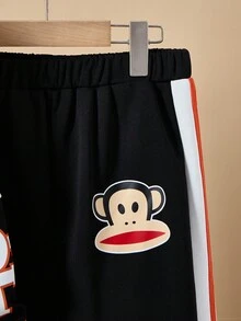 Paul Frank X SHEIN Tween Boy Retro Collegiate Letter & Cartoon Graphic Color Block Crew Neck Raglan Sleeve Sweatshirt And Sweatpants Set, Autumn/Winter - Black and White - View 7