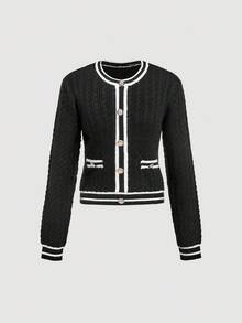 Skyraze Women's Round Neck Single-Breasted Pullover Sweater In Fall/Winter - Black - View 1