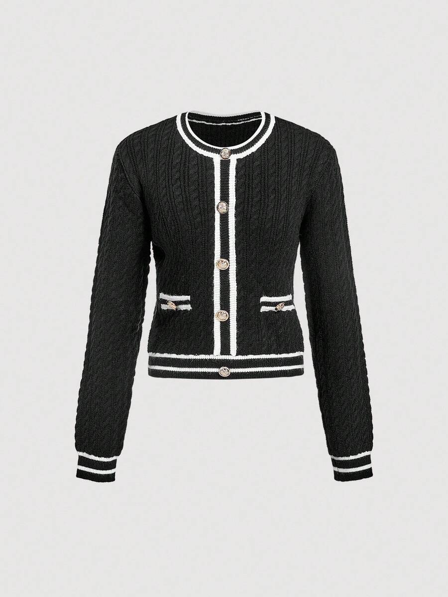 Skyraze Women's Round Neck Single-Breasted Pullover Sweater In Fall/Winter - Black - View 1