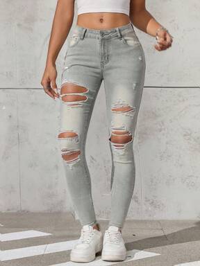 EMERY ROSE Women's Casual Washed Distressed Skinny Low Waist Jeans