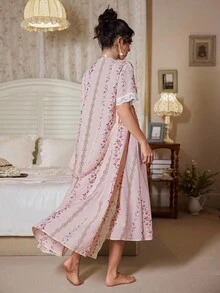 CottageSlumber 2 Stücke/Set aus Camisole-Kleid mit Blumenstickerei und kurzärmligem Morgenmantel aus Spitze - Verschiedenfarbig - Übersicht 2