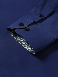 Manfinity Mode Men's Minimalist Print Long Sleeve Shirt Men Royal Blue Dress Shirt Slim Fit Dress Shirt Men Elegant Shirt, Fall - Navy Blue - View 3