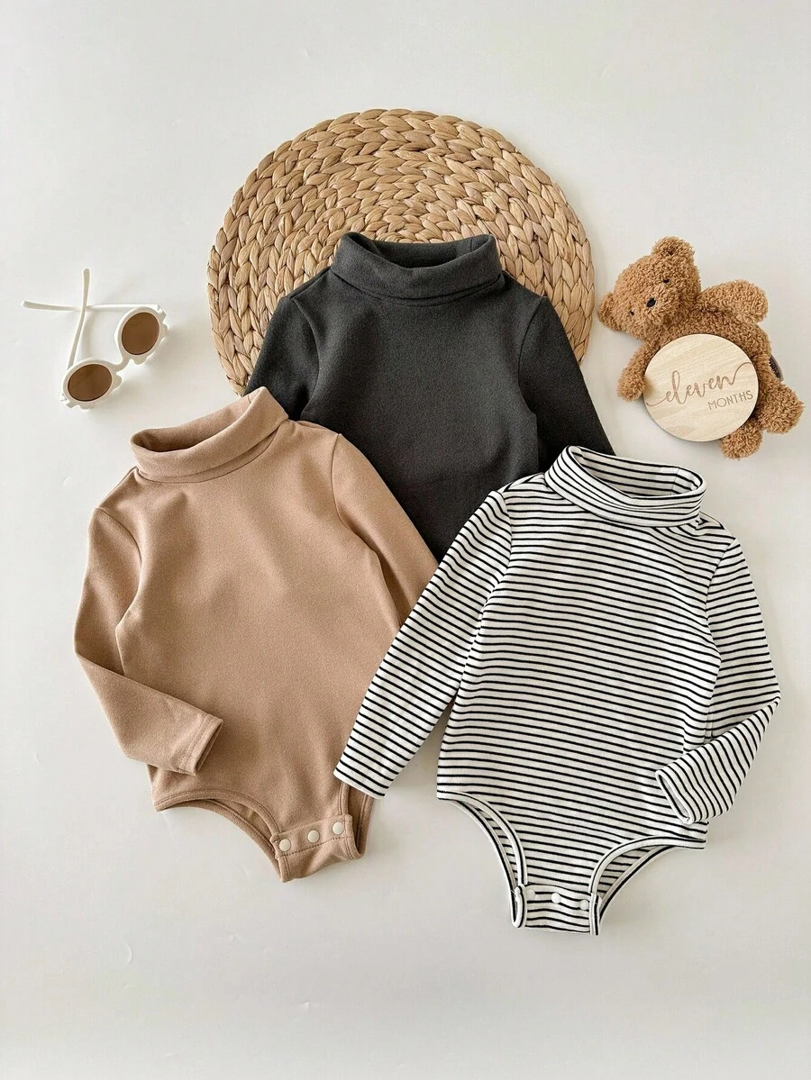 SHEIN Set de 3 piezas de body de manga larga con cuello de tortuga casual y cómodo para bebé niño en otoño e invierno - Multicolor - Ver 1