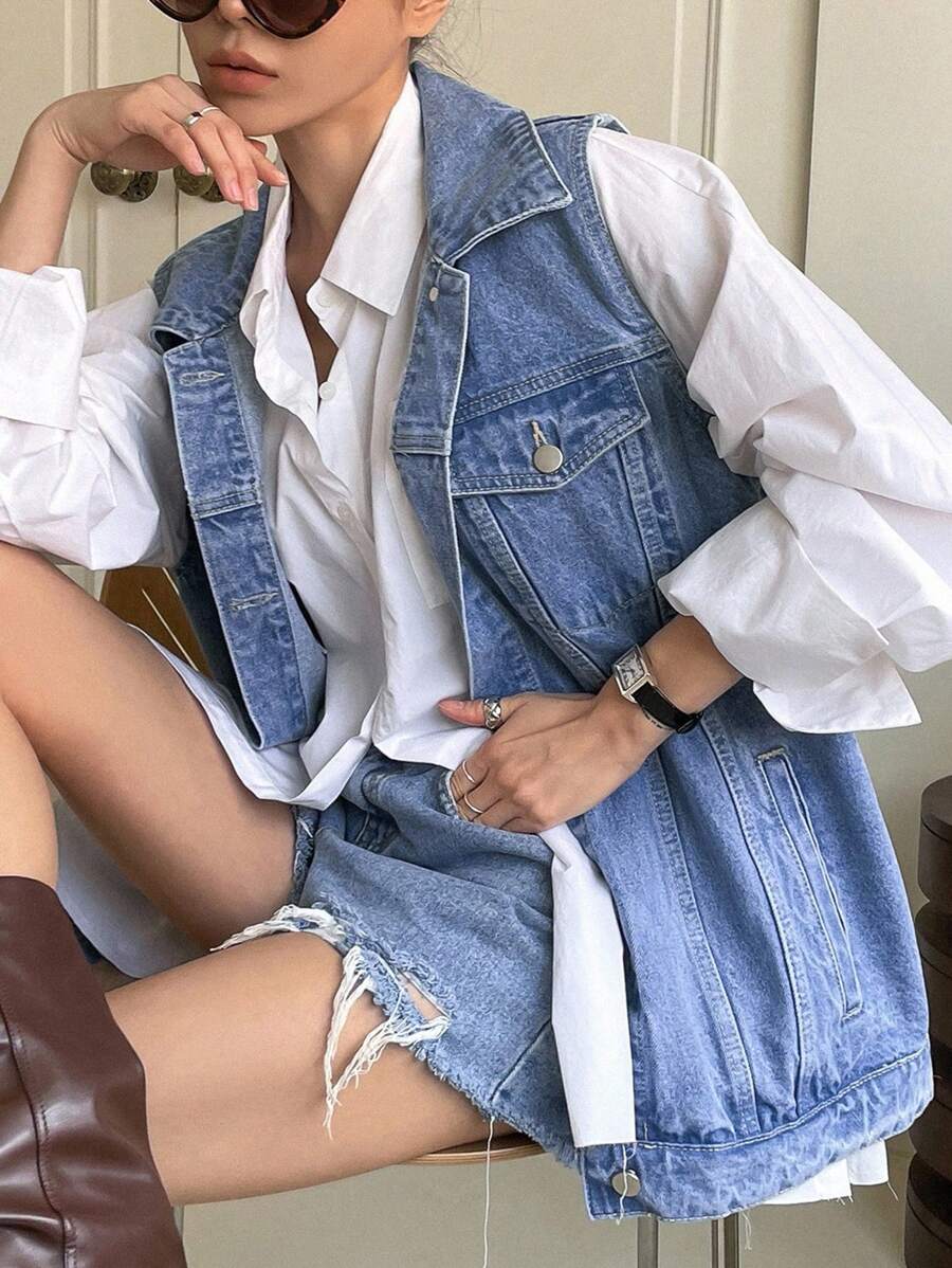 Tween Girls Casual Stylish Single Breasted Sleeveless Denim Coat Y2k,Girls Flap Coats, Fall Autumn Winter Versatile Clothes Jeans Jacket Outfits,Back To School Homecoming Dailywear Streetwear Outfits - Medium Wash - View 1