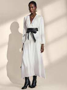 Almamuse Women's Elegant Long Sleeve V-Neck Leather Waist Belt Contrast Color Dress Fall Cloth For Women - Black and White - View 5