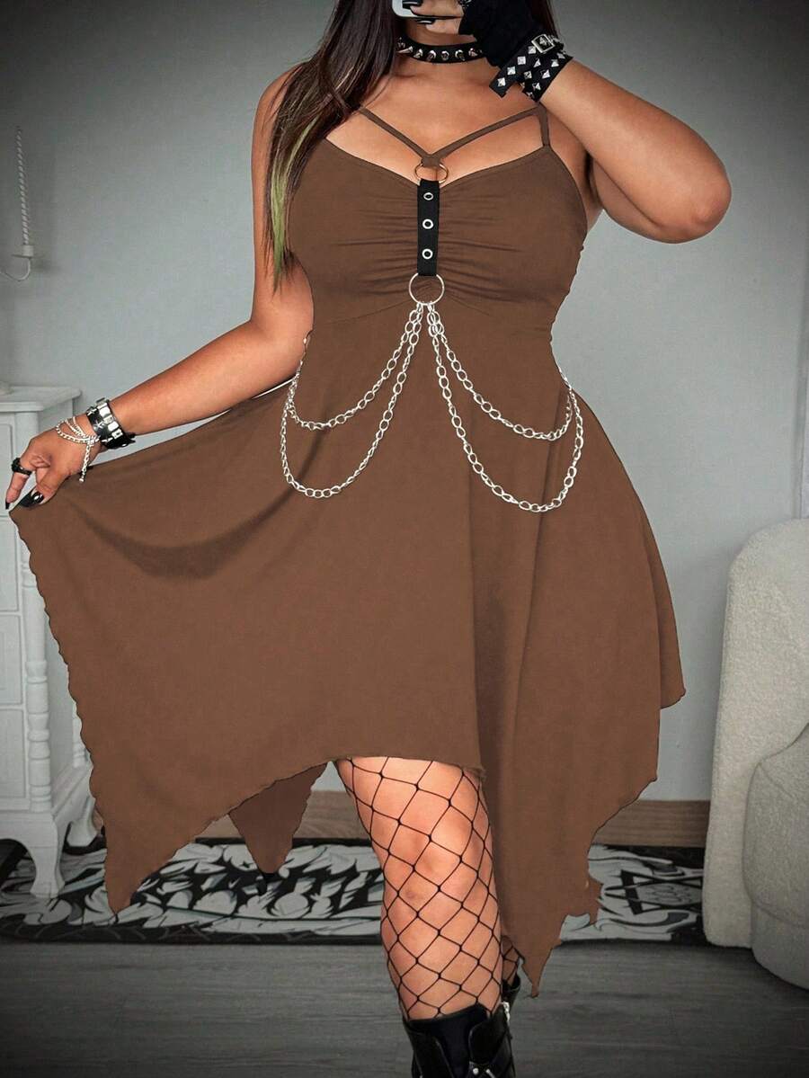 Whyspr Plus Size Asymmetrical Hem Chain Decor Punk Vacation Dress, Rave Style - Brown - View 1