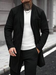 Manfinity CasualCool Klassischer Regular Fit Kniemantel in einfachem Schwarz für Herren, langärmelig, formeller Stil, eleganter schwarzer Mantel, Business Lässig Herren Winter Schwarzer Mantel, Herbst