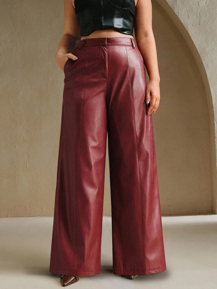 새로운 고품질 소프트 가죽 플레어 팬츠 플러스플러스 사이즈 와이드 레그 트라우저, 가을, 가을, 겨울, 외출, 우아한, 포멀, 파티, 시크, 새해, 크리스마스, 직장, 졸업, 결혼식에 적합