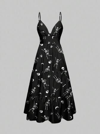 Goth Vestido con cremallera de capas, misterioso y lindo con esqueleto bailando en la luna, estilo gótico y horror, adecuado para Halloween
