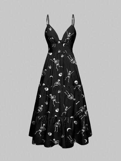 Gothic Horror Dark Dancing Skeleton Moon Cute Mysterious Layered Zipper Dress For Women, Suitable For Halloween