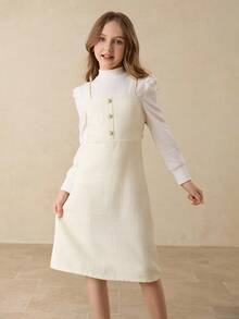 Tween Girl Elegant White Long Puff Sleeve Textured T-Shirt&Pearl Button Bodycon Dress Set,Back-To-School Autumn School Christmas Graduation Formal - Apricot - View 3