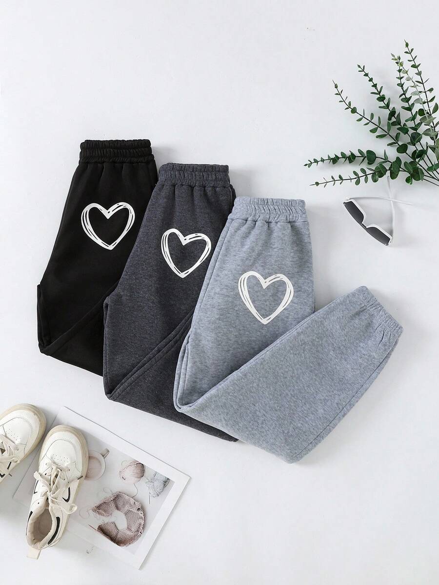 3件套青少年女孩休闲松紧腰心形印花慢跑裤