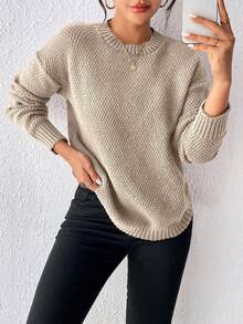 EMERY ROSE 休闲百搭纯色圆领毛衣 - 駝色 - 查看 6