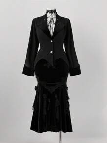 Sweetra Chaqueta corta de estilo Lolita, de tela de terciopelo con diseño de parche de elemento de murciélago elegante y dulce en la cintura, estilo gótico, para otoño - Negro - Ver 8