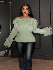 Veslaya 2025年新款大码牛油果绿露肩羊毛长袖修身套头衫 - 綠色 - 查看 3