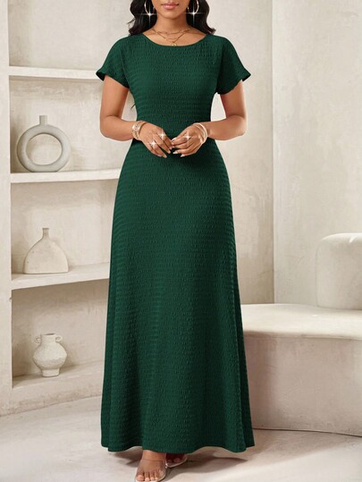SHEIN Lady 2025 New Summer Elegant Dark Green Long Dress Women High-End Niche Texture Fabric Knitted Jacquard Waist Dress Business Casual Tea Party Outfits