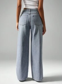 MISSGUIDED Studded Wide Leg Statement Jeans Festival Embellished Distressed Vintage Y2K Style Rhinestone Denim Pants Dance Party Occasion - Baby Blue - View 2