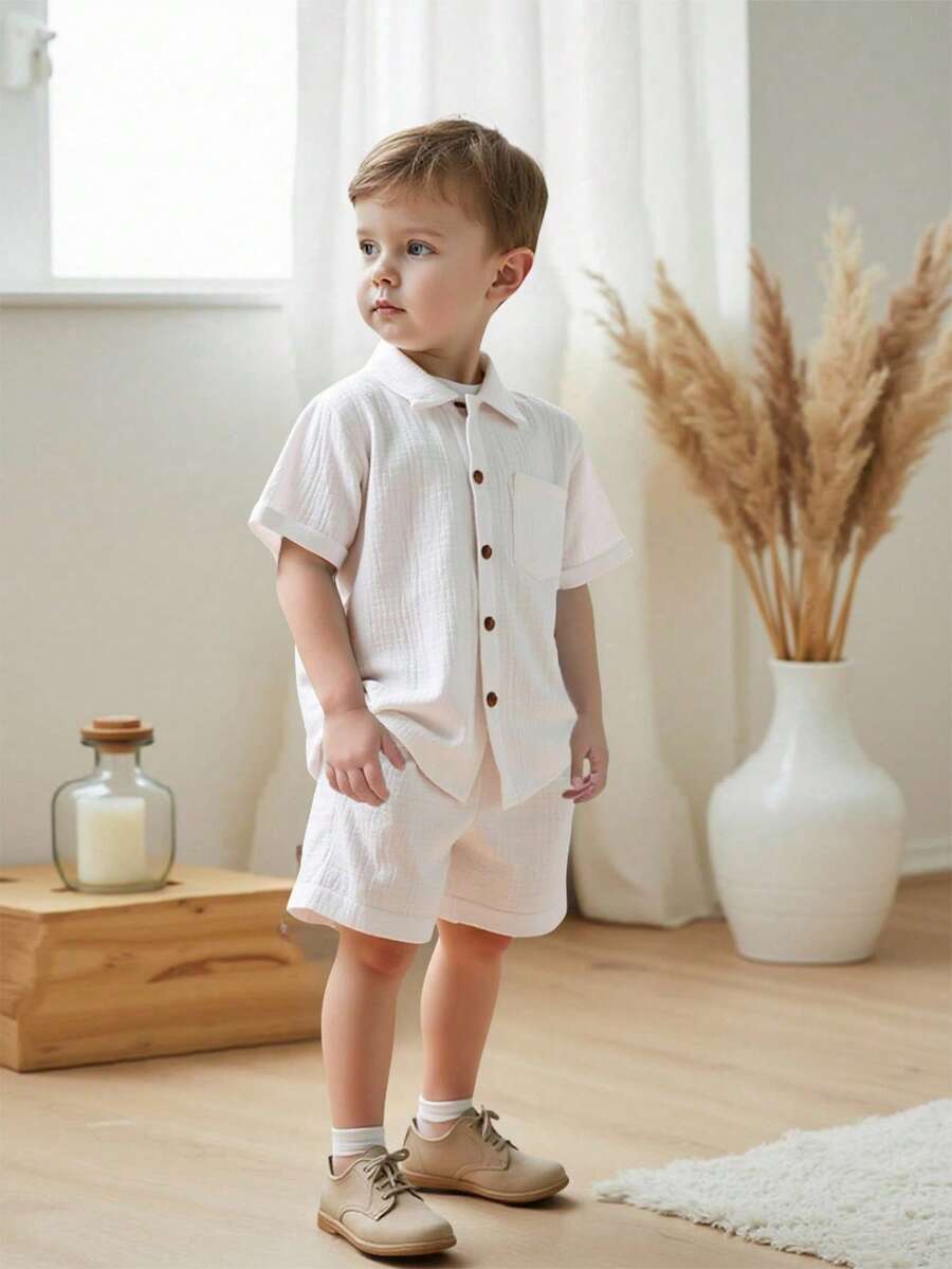 SHEIN Vintaside Kids 2pcs Set Young Boy Casual Simple School Style Cotton Short Sleeve Shirt And Shorts, Suitable For Everyday, School, Outing, Getaway, Holiday, Travel, Relax, Sunbathing, Spring & Summer
