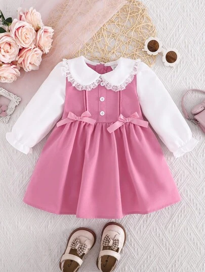 Souflis Souflis 女婴粉色蝴蝶结装饰荷叶边领长袖连衣裙，适合派对、节日、户外穿着，春秋季