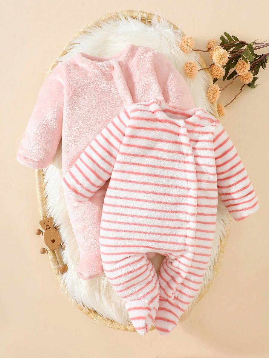 2pcs Unisex Baby Clothes Set: Fleece Zip-Up Footie Jumpsuit In Pink Striped Pattern + Pink Heart Design Chic Outfits For Autumn/Winter Fall - Pink - View 1
