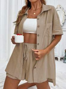 SHEIN LUNE 2pcs/Set Women Short Sleeve Solid Color Single-Breasted Shirt And Shorts Set - Khaki - View 4