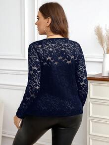 Gownix 大码女式黑色长袖蕾丝紧身优雅半透明汗衫 - 藏蓝色 - 查看 2