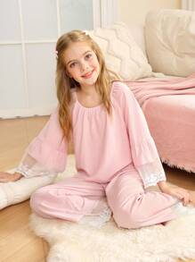 青少年女孩圆领蕾丝拼接袖上衣和宽松裤子睡衣套装 - 淺粉色 - 查看 4