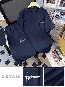 SHEIN 2pcs/Set Teen Boys' Casual Versatile Comfortable Highly Attractively Letter Print Knit Short Sleeve T-Shirt And Shorts, Urban Casual Style - Navy Blue - View 4