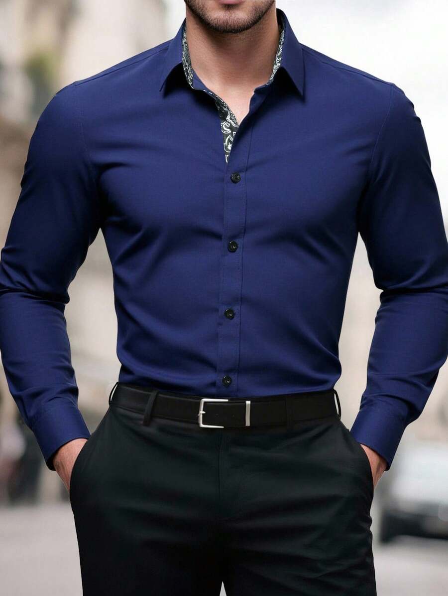 Manfinity Mode Men's Minimalist Print Long Sleeve Shirt Men Royal Blue Dress Shirt Slim Fit Dress Shirt Men Elegant Shirt, Fall - Navy Blue - View 1