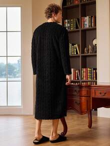 EverLounge 男士柔软纯色双口袋长袖睡袍，秋冬季休闲款，男士蓬松睡袍，舒适保暖 - 黑色 - 查看 2