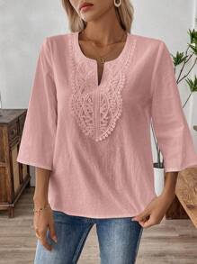 SHEIN LUNE Camisa de unicolor con parches de encaje, casual para vacaciones - Rosado Sandía - Ver 6