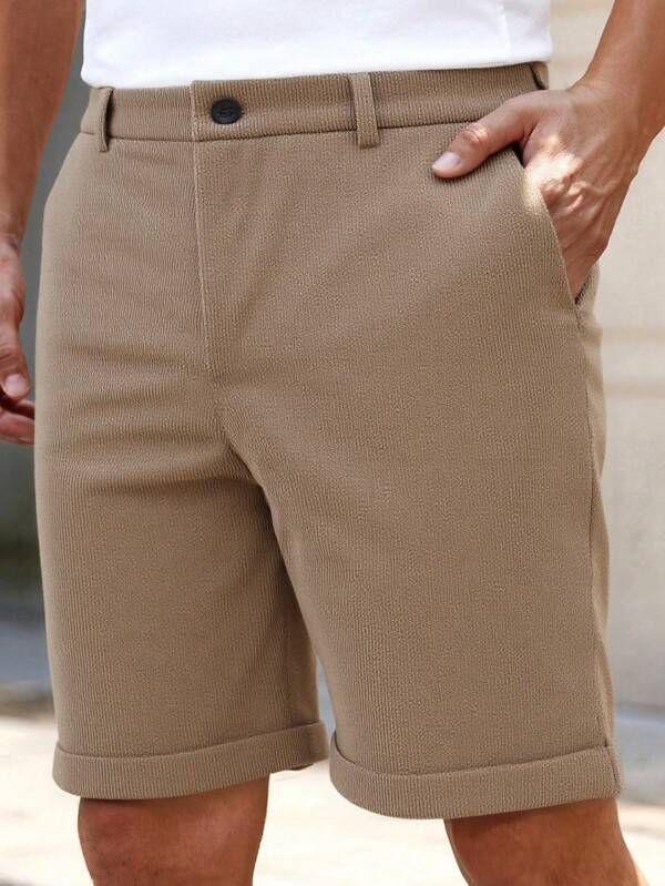 HIMLAND Men's Casual Corduroy Slim Fit Mid-Waist Cuffed Shorts
