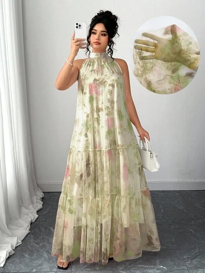 Elenzga Vestido de malla floral sin mangas elegante para mujer de talla grande