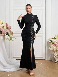 Coutiva Vestido de noche elegante de mujer con decoración de strass, plisado y abertura en la falda de cola de pez - Negro - Ver 3