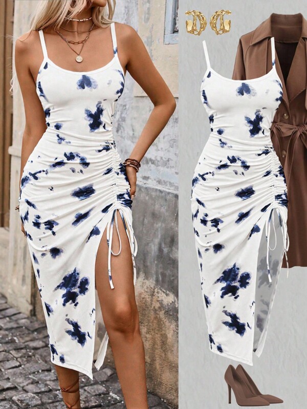 Breezaya Bohemian Pleated Slit Dress, Gradient Color Blocking Effect, Vacation Beach Wear, Long Fitted Silhouette, Spring/Summer