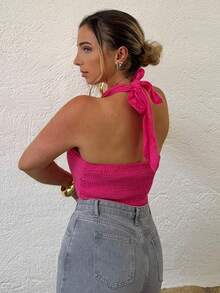 Jeta Ari Women's Summer Casual Solid Color Backless Cross Halter Neck Camisole - Hot Pink - View 2