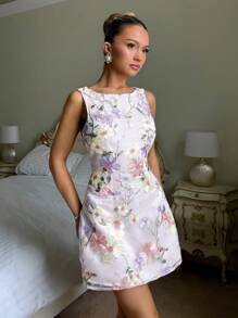 Glamine Váy ngắn không tay thanh lịch cổ điển dành cho nữ, thêu hoa, dáng ôm, nhiều màu sắc, họa tiết hoa ngẫu nhiên, trang phục xuân/hè thu cho nữ trở lại trường - Nhiều màu - Xem 4