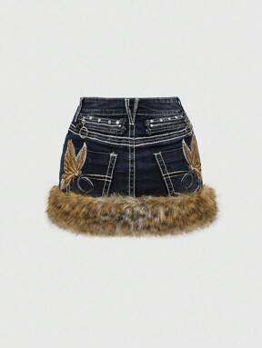 Grunge Punk Y2K Vintage Leopard Print Frayed Trim Butterfly Embroidered Women Mini Low Waist Skirt With Belt