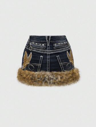 Grunge Punk Minifalda de cintura baja con estampado de leopardo vintage Y2K, con bordado de mariposa y ribete deshilachado, con cinturón