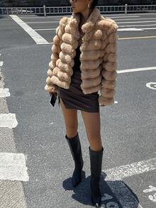 DAZY 女士宽松高领长袖休闲街头仿皮草外套，秋冬女式大衣 - 駝色 - 查看 7